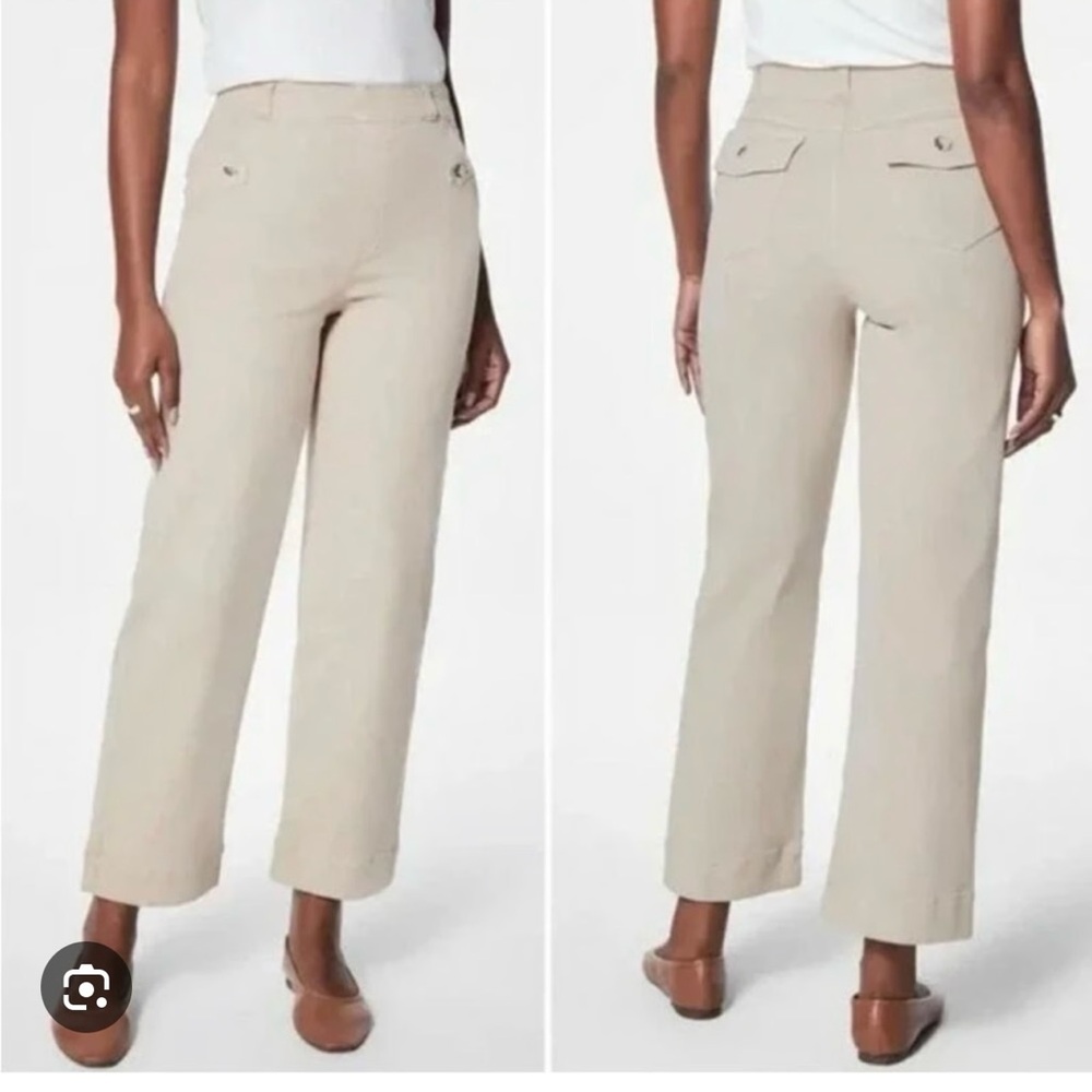 SPANX 20312R Stretch Twill Cropped Wide Leg in Bone Beige Khaki Pants Size XS